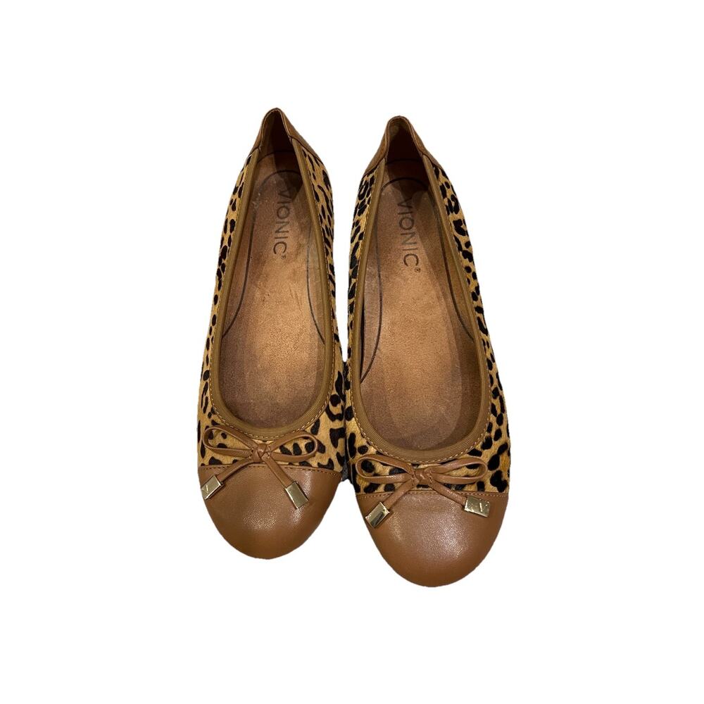 Vionic Minna Ballet Flats Slip On Shoes Calf Hair Leather Leopard Tan Sz 7